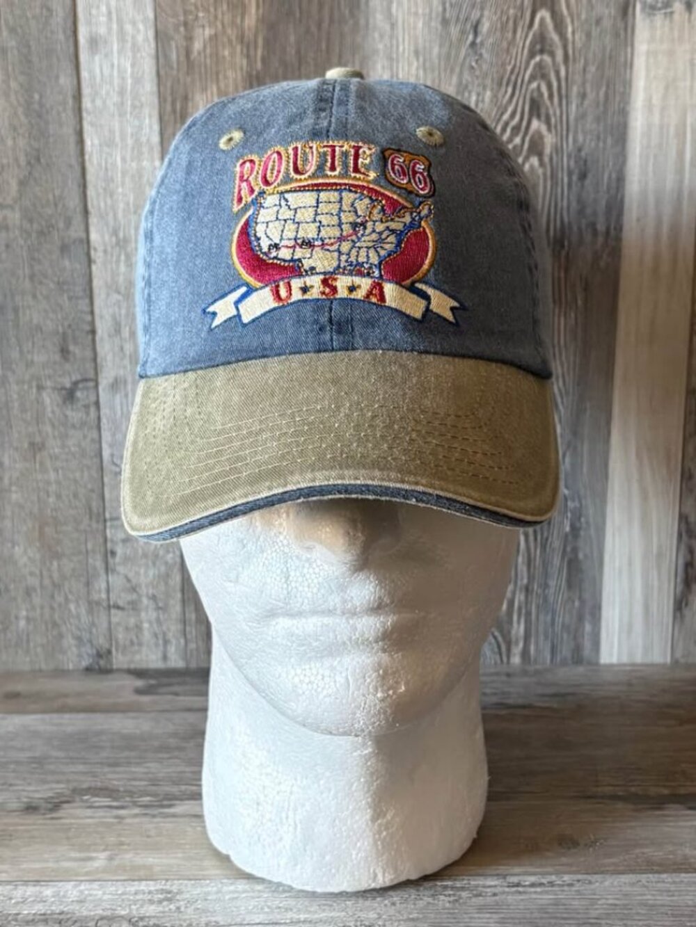 Vintage washed blue tan baseball cap embroidered Route 66 USA
